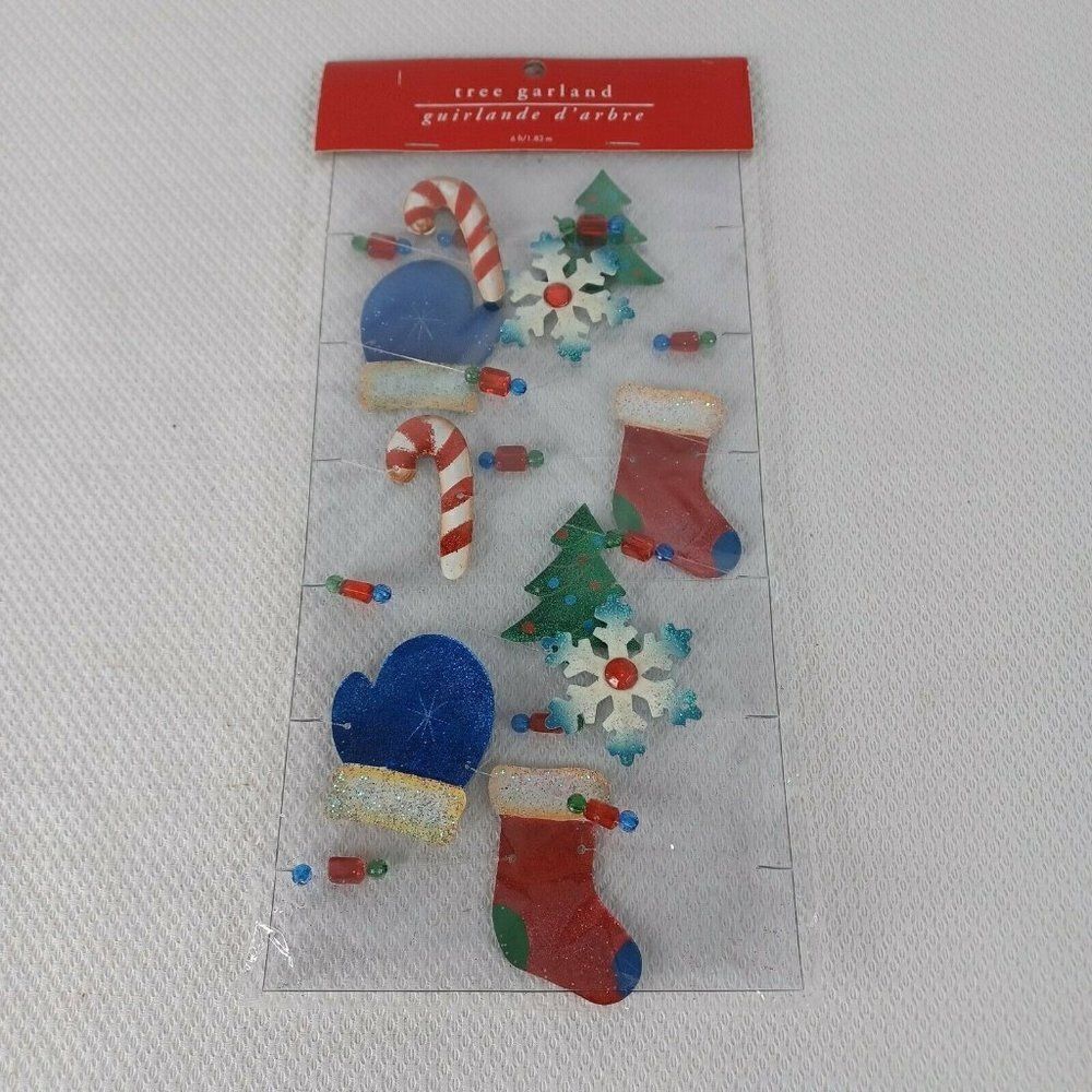 New Pier 1 Garland Christmas Tree Metal 6 ft Mittens Stockings Beaded Red Blue